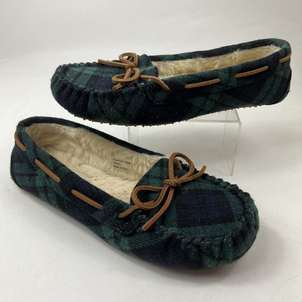 The Vermont Country Store Womens Moccasin Slippers Size 9 Green Plaid Faux Fur